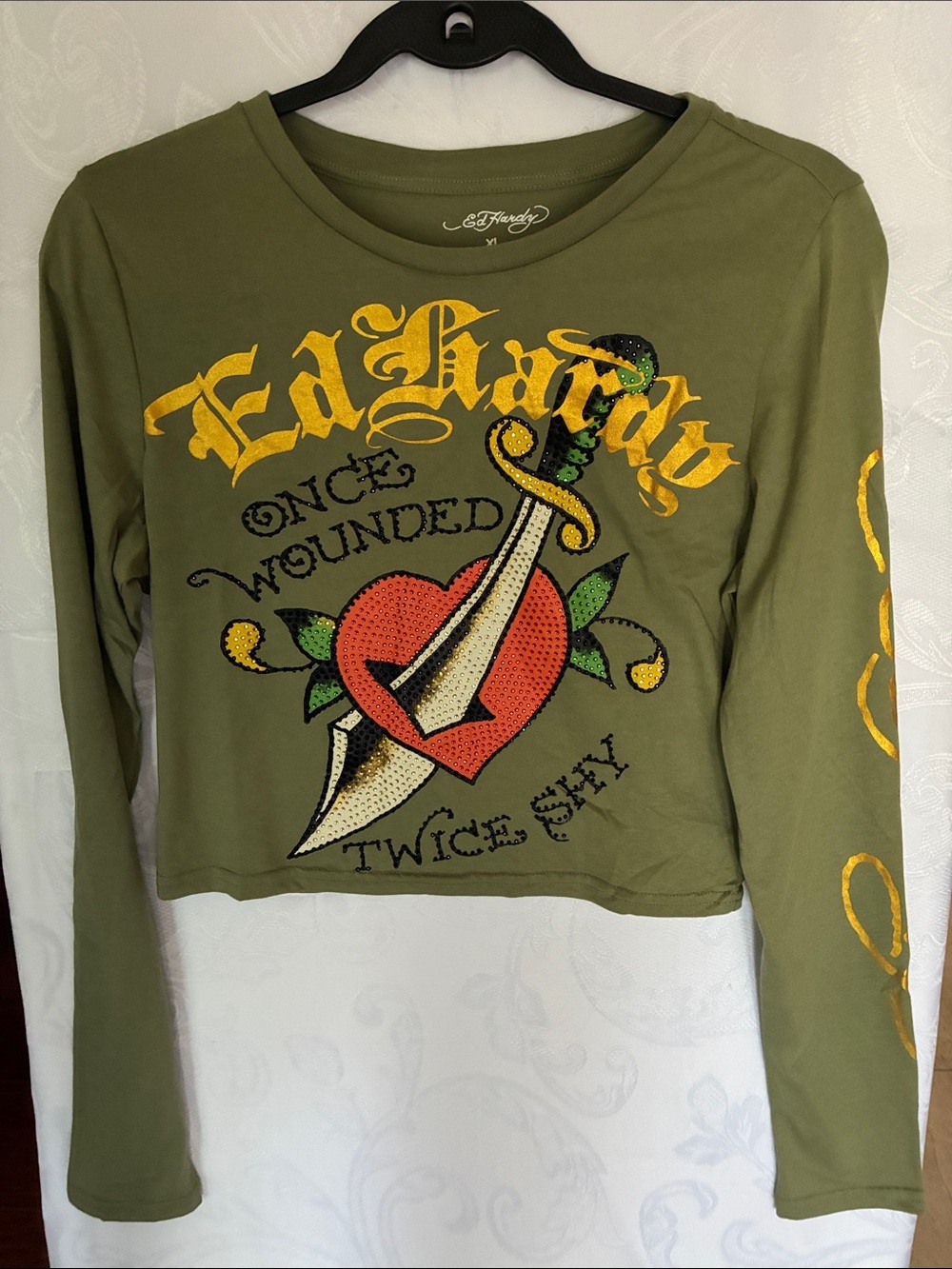 Ed Hardy Olive Green Long Sleeve Graphic Crop Tee